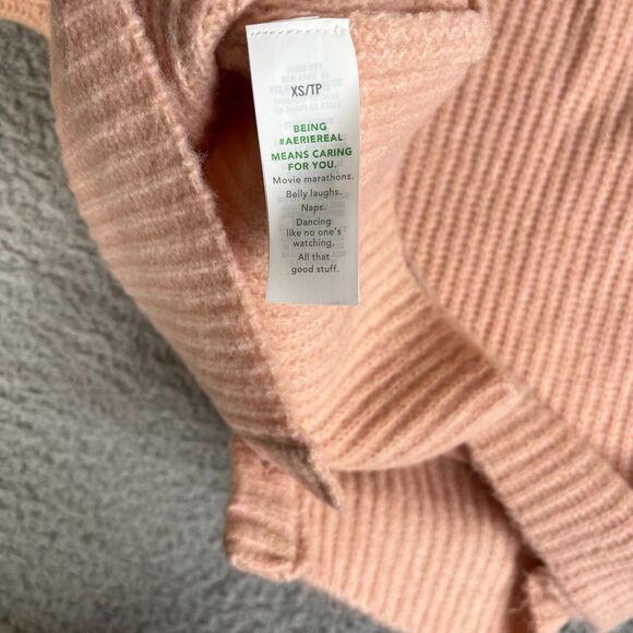Aerie Sweater Women XS Peach  Button Crop  Solid V Neck Short Sleeve Ribbed - Picture 4 of 9